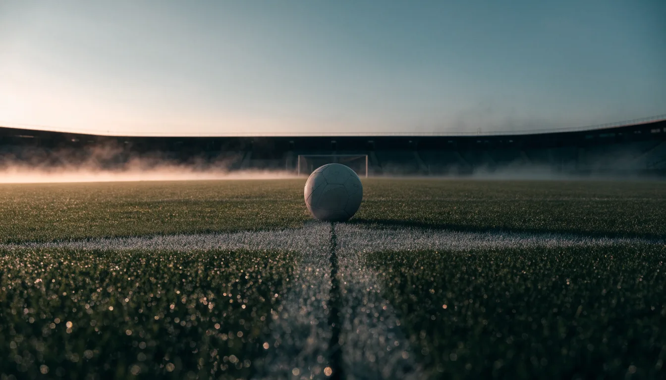 Ein Fußball ruht auf dem Mittelkreis eines leeren Rasenplatzes in der Morgendämmerung, Tau liegt auf dem Gras.