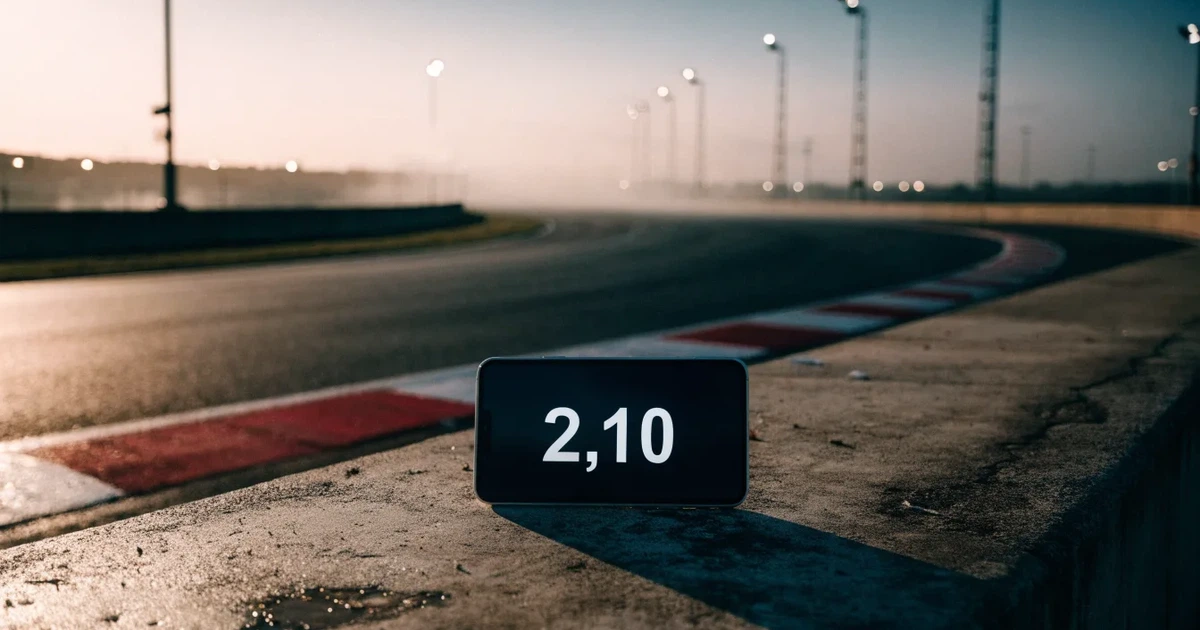 Eine leere Rennstrecke mit rot-weißen Randsteinen im frühen Morgenlicht, auf dem Asphalt liegt dünner Nebel, keine Fahrzeuge.