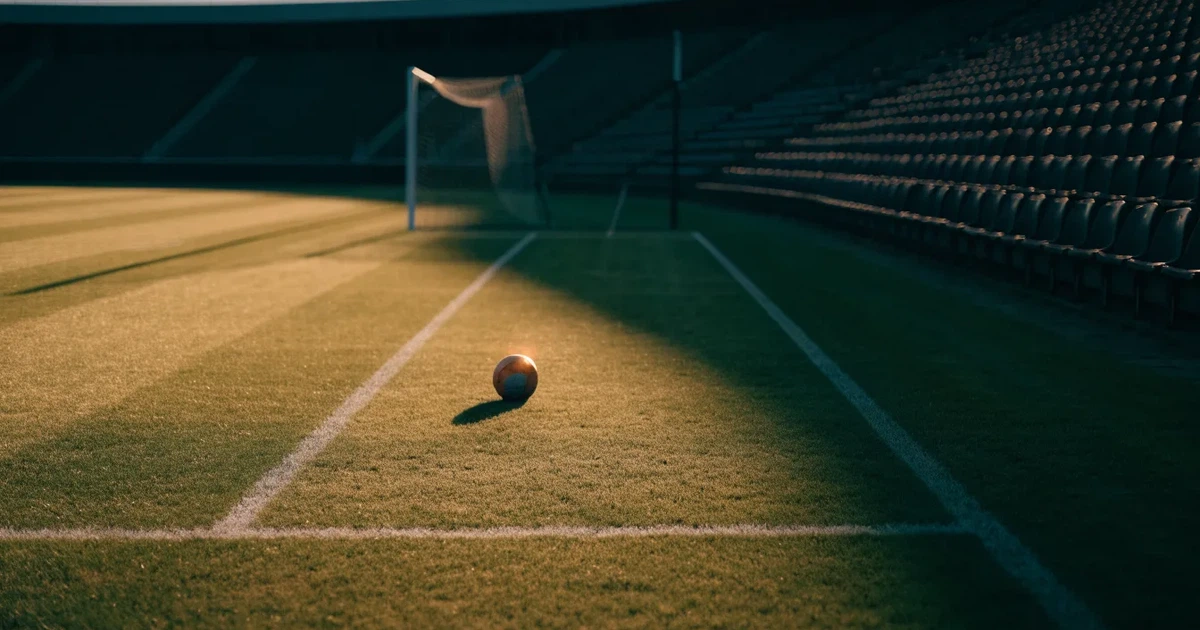 Ein Fußballplatz mit frisch gemähtem Rasen im Abendlicht, ein Ball liegt im Strafraum, im Hintergrund unscharf eine leere Tribüne.
