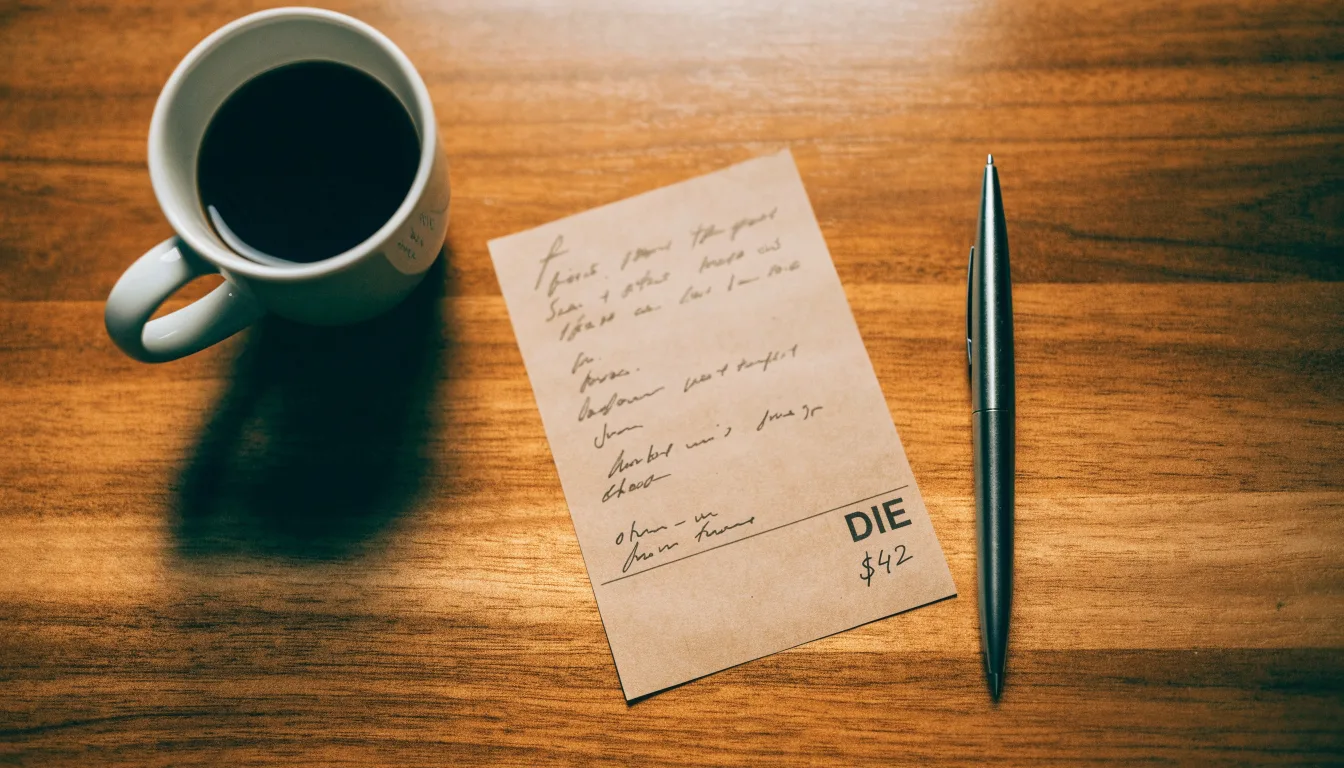 Ein leerer Wettschein aus Papier liegt neben einem Kugelschreiber und einer Tasse Kaffee auf einem Holztisch, Aufnahme von oben.