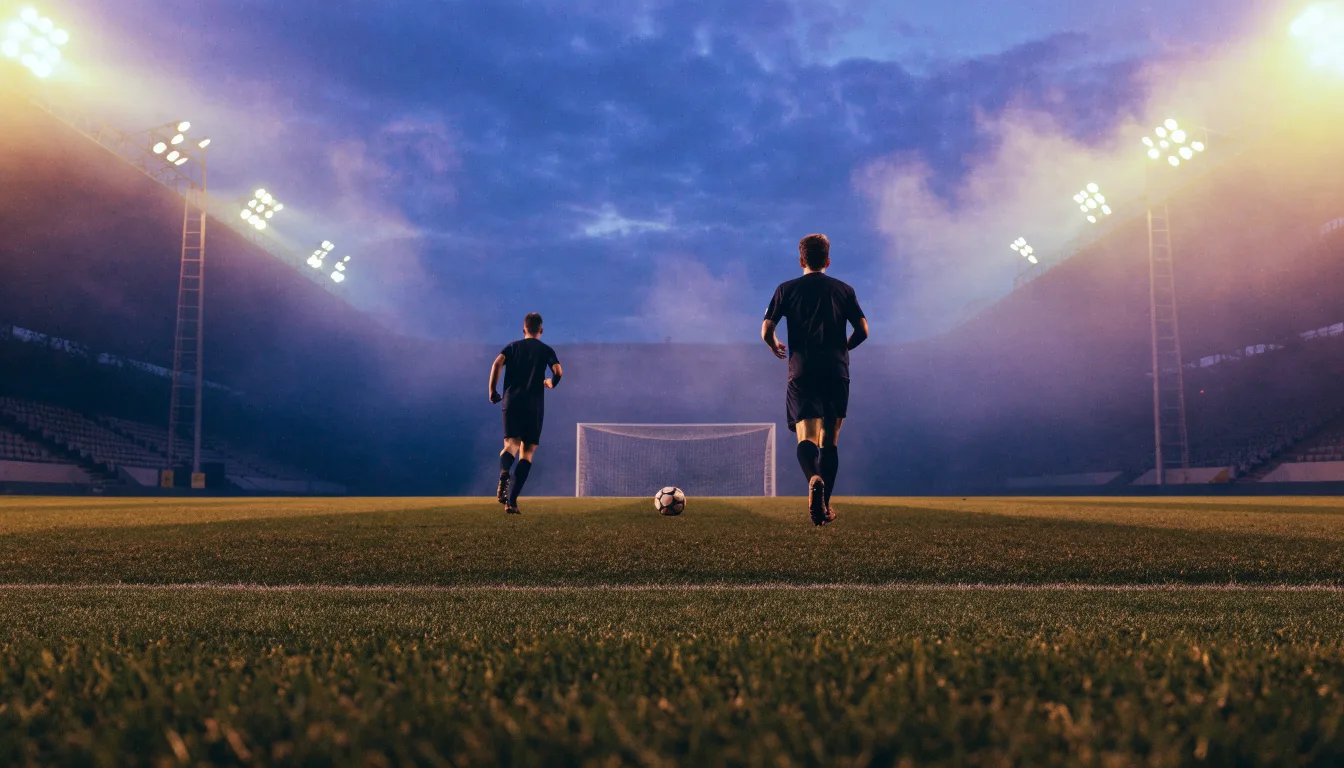 Ein großes Stadion unter Flutlicht, aus der Ferne über eine dunkle Wiese gesehen, die Lichtmasten spiegeln sich im Dunst der Abenddämmerung.