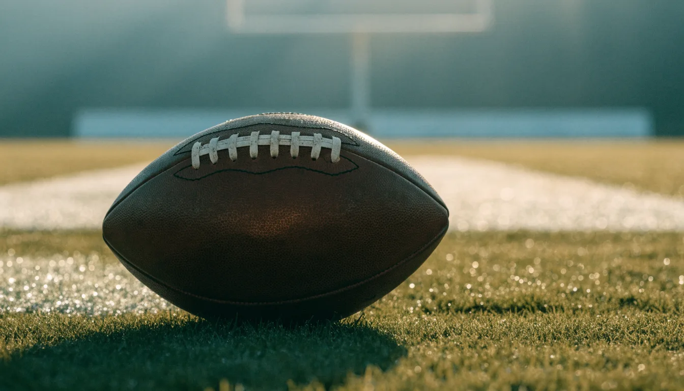 Ein ovaler Lederball mit heller Schnürung liegt auf dem Rasen vor der Endzone, Tau auf dem Gras im ersten Morgenlicht.