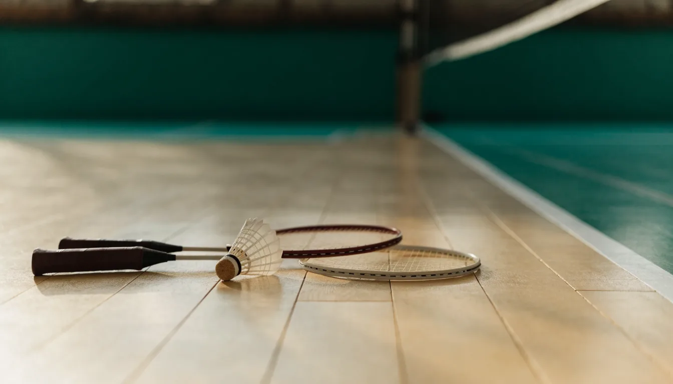 Zwei Badmintonschläger und ein Federball liegen auf einem Holzboden neben der Seitenlinie, weiches Licht fällt von der Seite ein.