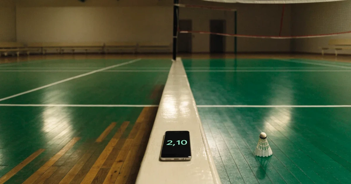 Eine leere Badmintonhalle mit gespanntem Netz und hellen Hallenlichtern, ein Federball liegt auf dem Hallenboden.