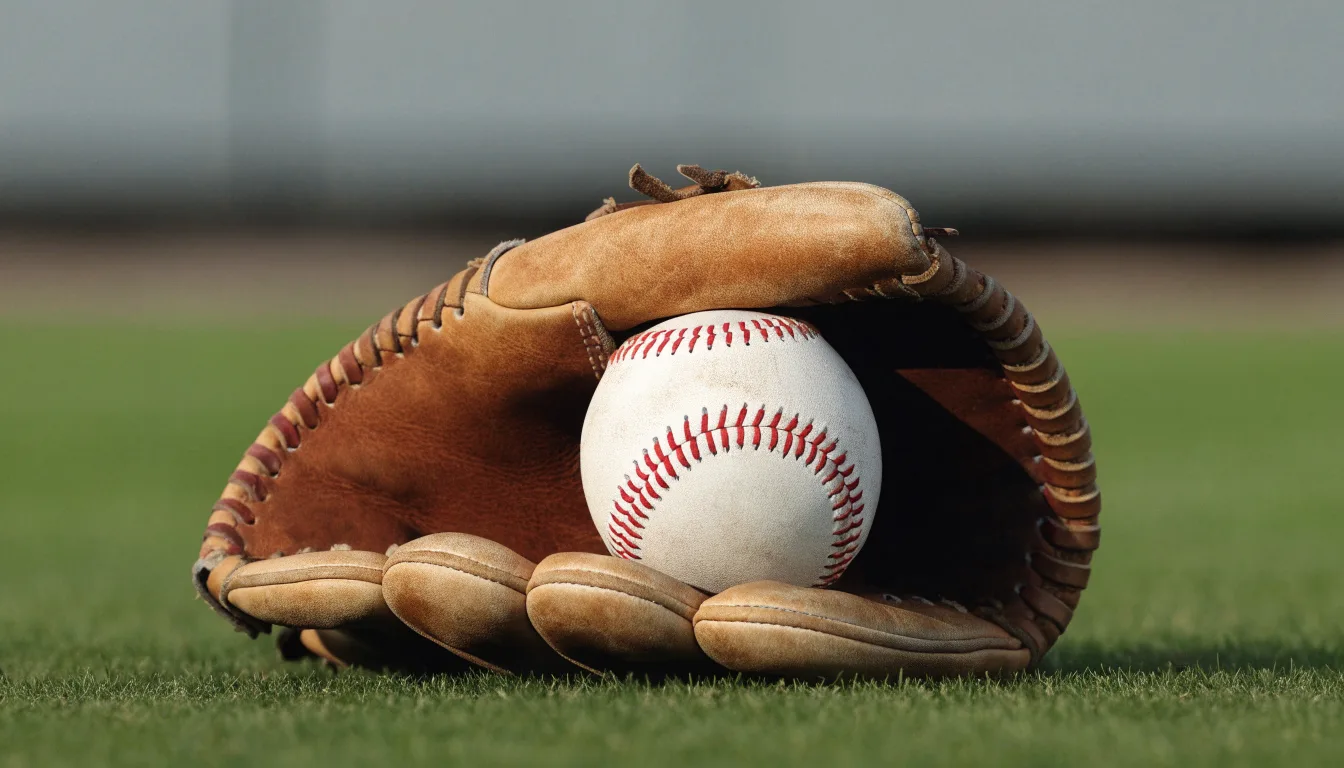 Ein weißer Baseball und ein Lederhandschuh liegen auf kurz geschnittenem Gras, im Hintergrund eine verschwommene Spielfeldbande.