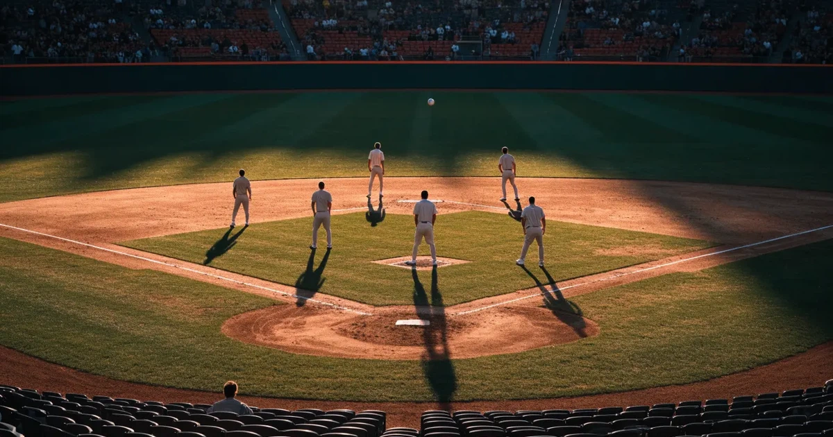 Ein Baseballfeld mit dem hellbraunen Infield und gepflegtem Rasen, von der Tribüne aus gesehen, die Ränge leer, tiefe Abendsonne.