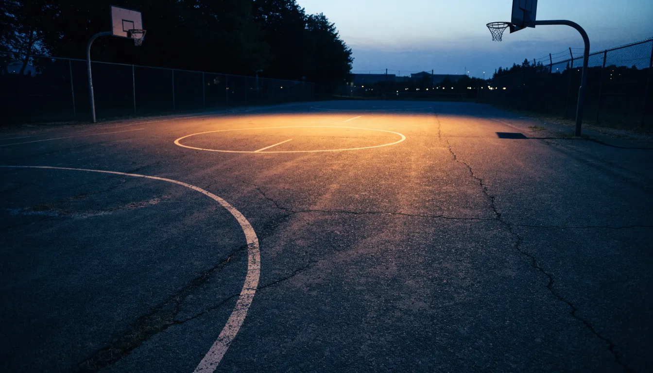 Ein Freiluft-Basketballplatz am Abend mit Asphalt, Linien und zwei Körben unter einer Straßenlaterne.