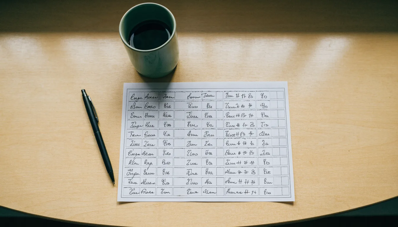 Ein leerer Wettschein aus Papier liegt neben einem Kugelschreiber und einer Tasse auf einem hellen Holztisch.