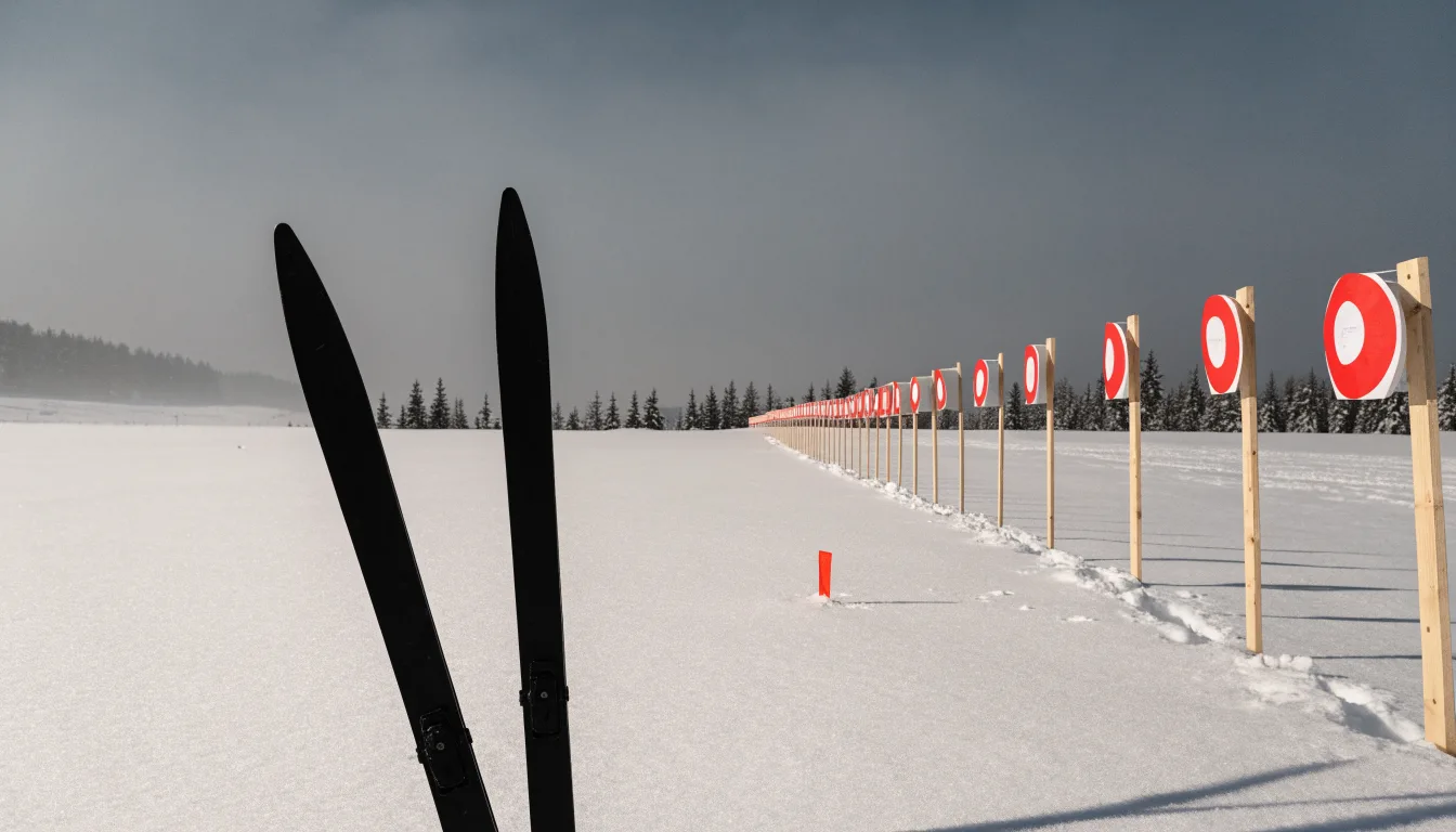 Ein Paar Langlaufskier steckt aufrecht im Schnee neben einem leeren Schießstand mit runden Zielscheiben, kaltes Winterlicht.