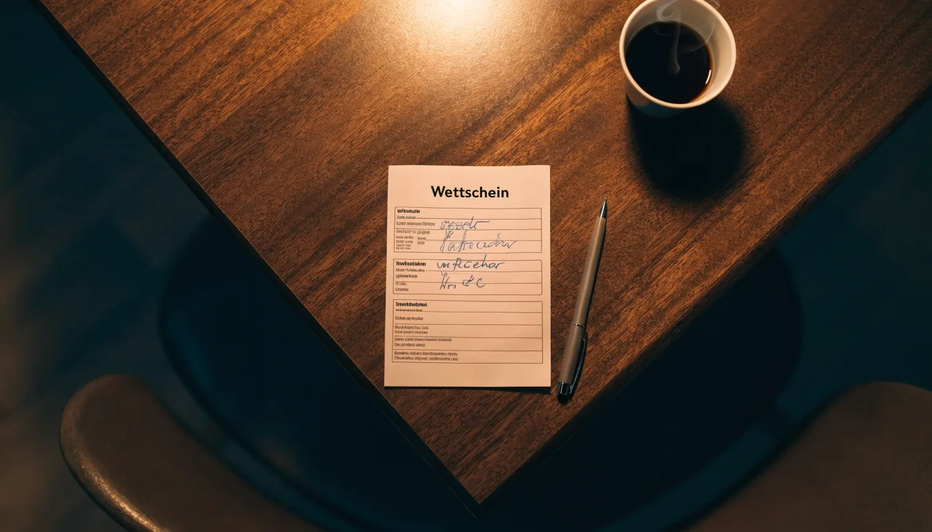 Ein leerer Papierwettschein und ein Kugelschreiber liegen auf einem Holztisch neben einer Tasse, warmes Licht einer Lampe.