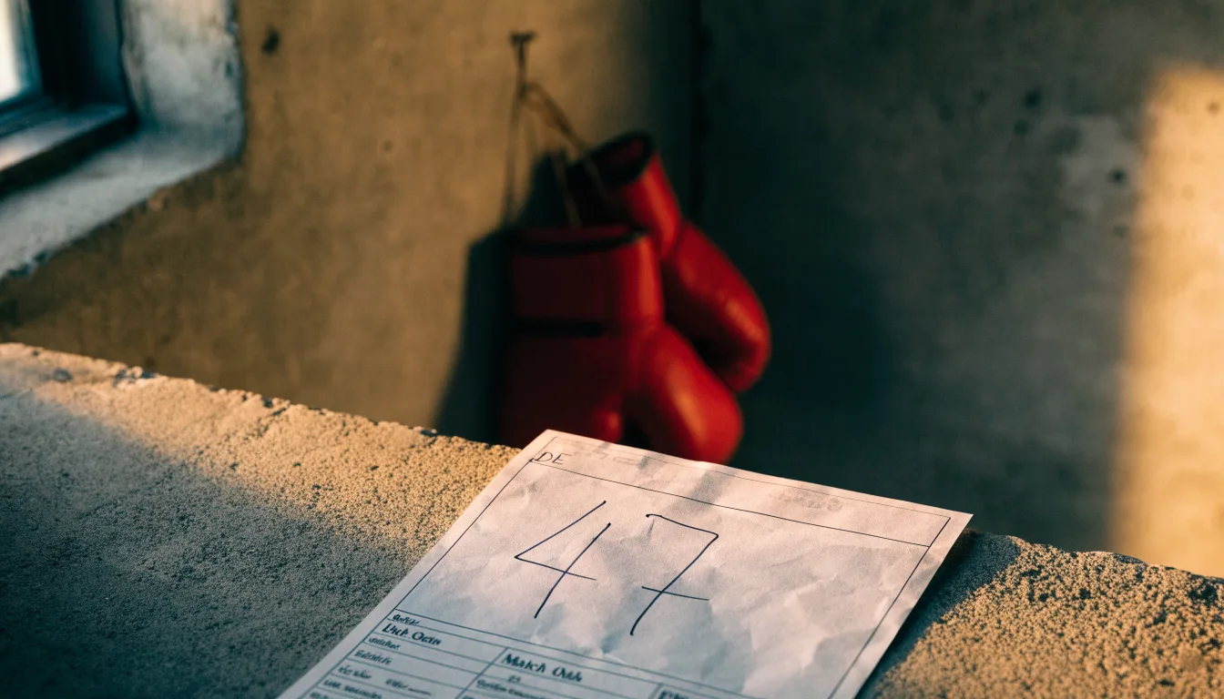 Ein Paar rote Boxhandschuhe hängt an einem Nagel an einer rohen Betonwand, seitliches Licht aus einem kleinen Fenster.
