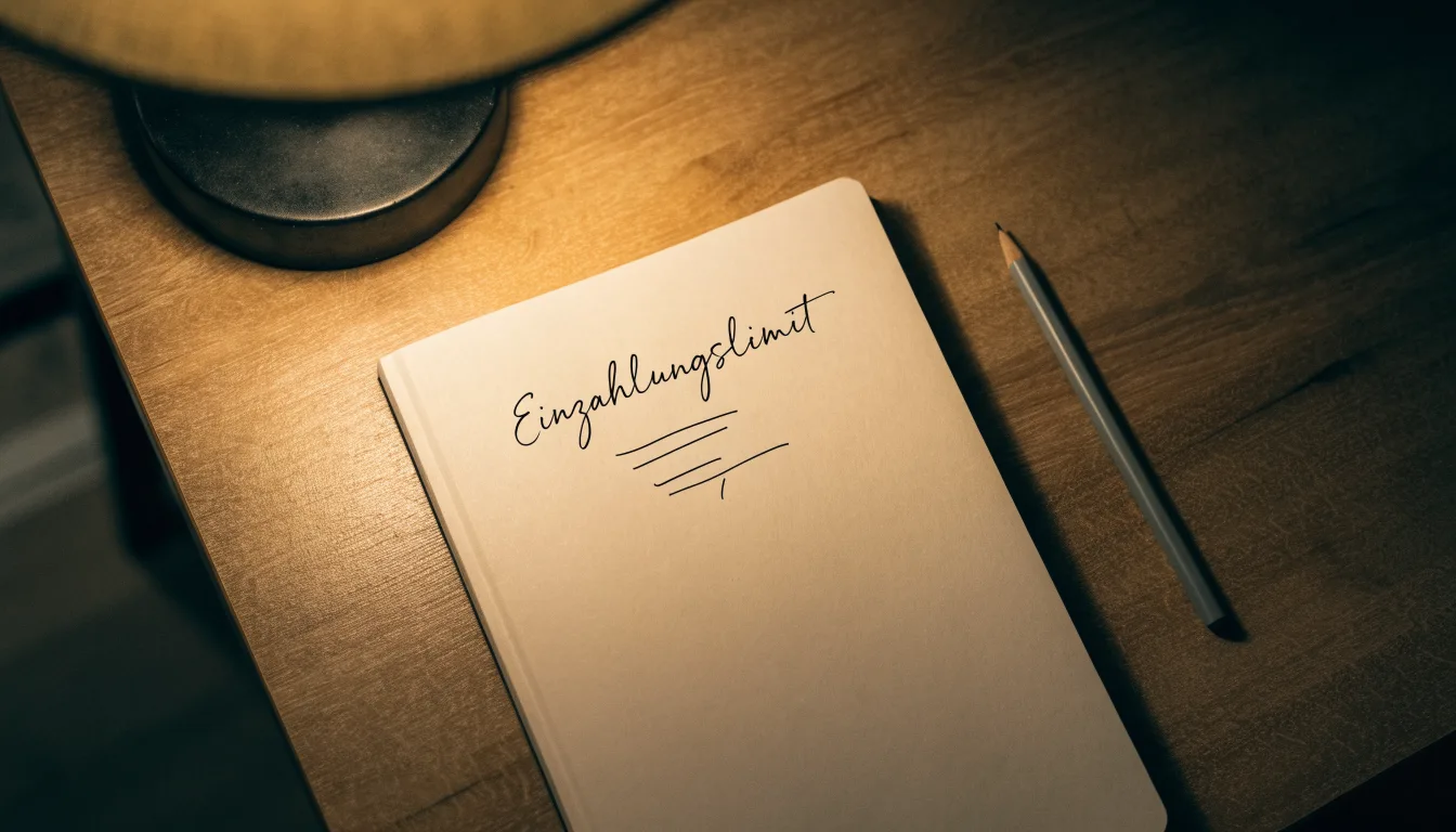 Ein Notizbuch mit handschriftlichen Notizen und ein Bleistift liegen neben einer Tischlampe auf einem Schreibtisch, ruhiges Abendlicht.