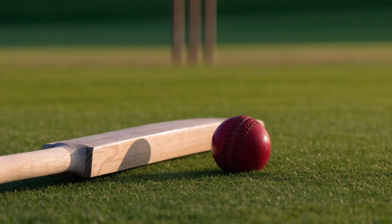 Ein Cricketschläger aus hellem Holz und ein roter Lederball liegen auf kurzem Rasen, weiches Abendlicht.