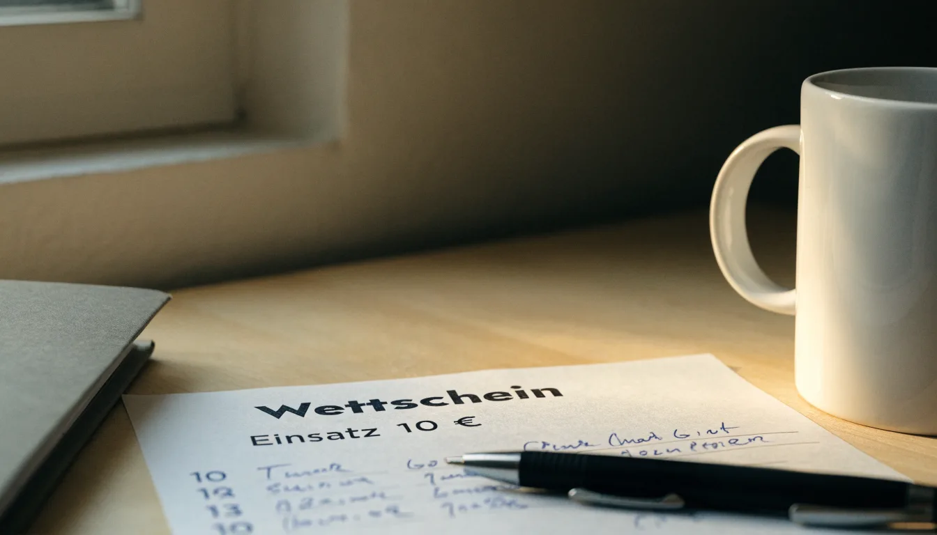 Ein leerer Papierwettschein und ein Kugelschreiber liegen auf einem aufgeräumten Schreibtisch, weiches Licht von einem Fenster.