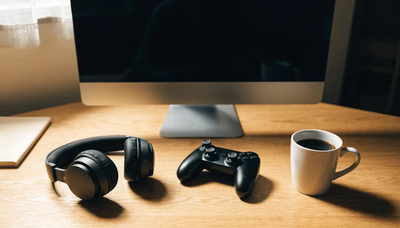 Ein Gamepad und ein Headset liegen auf einem Schreibtisch neben einer Tasse, der Bildschirm im Hintergrund ist ausgeschaltet.