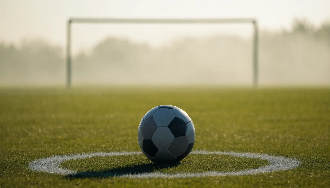 Ein Fußball liegt auf dem Elfmeterpunkt eines leeren Rasenplatzes, im Hintergrund unscharf ein Tor im Morgendunst.