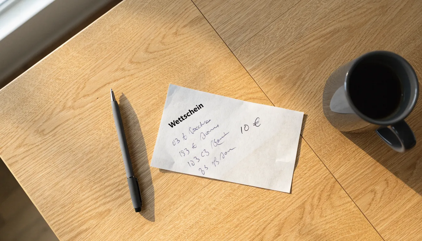 Ein leerer Wettschein aus Papier liegt neben einem Kugelschreiber und einer Tasse auf einem hellen Holztisch.