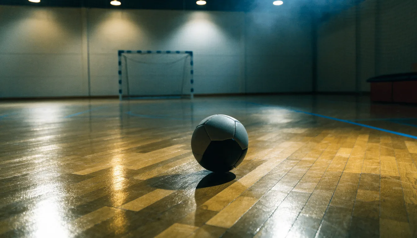 Ein kleiner schwerer Ball liegt in einer Halle auf dem Parkett vor einem Tor, warmes Licht aus den Deckenstrahlern.