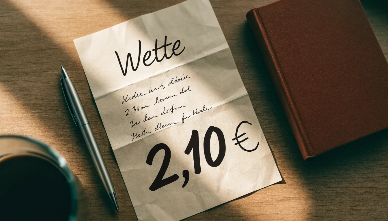 Ein leerer Papierwettschein und ein Kugelschreiber liegen auf einer glatten Schreibtischplatte neben einem Notizbuch.