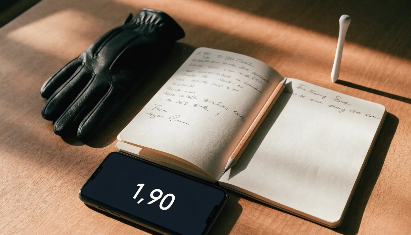 Ein Notizbuch mit handschriftlichen Notizen und ein Bleistift liegen neben einem Golfhandschuh und einem Tee auf einem Holztisch.