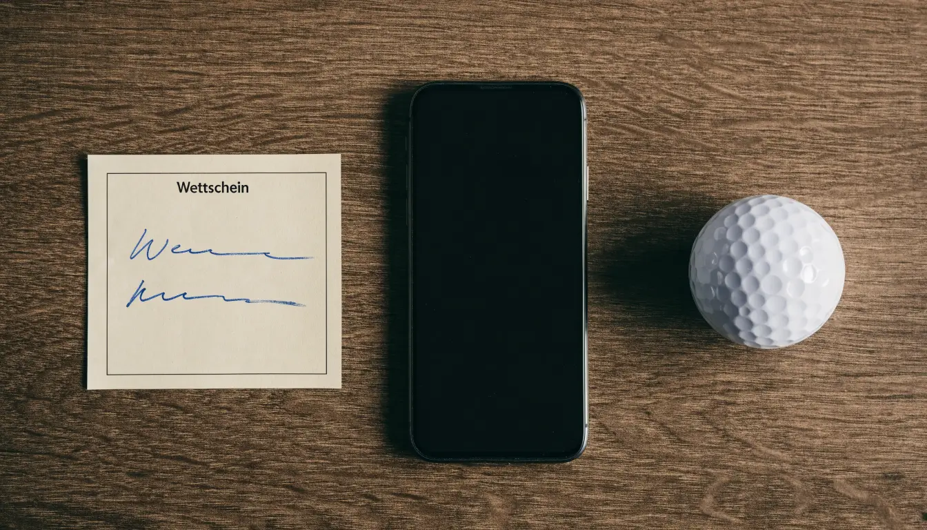 Ein leerer Wettschein aus Papier liegt neben einem Smartphone mit dunklem Display auf einem Tisch, daneben ein einzelner Golfball.