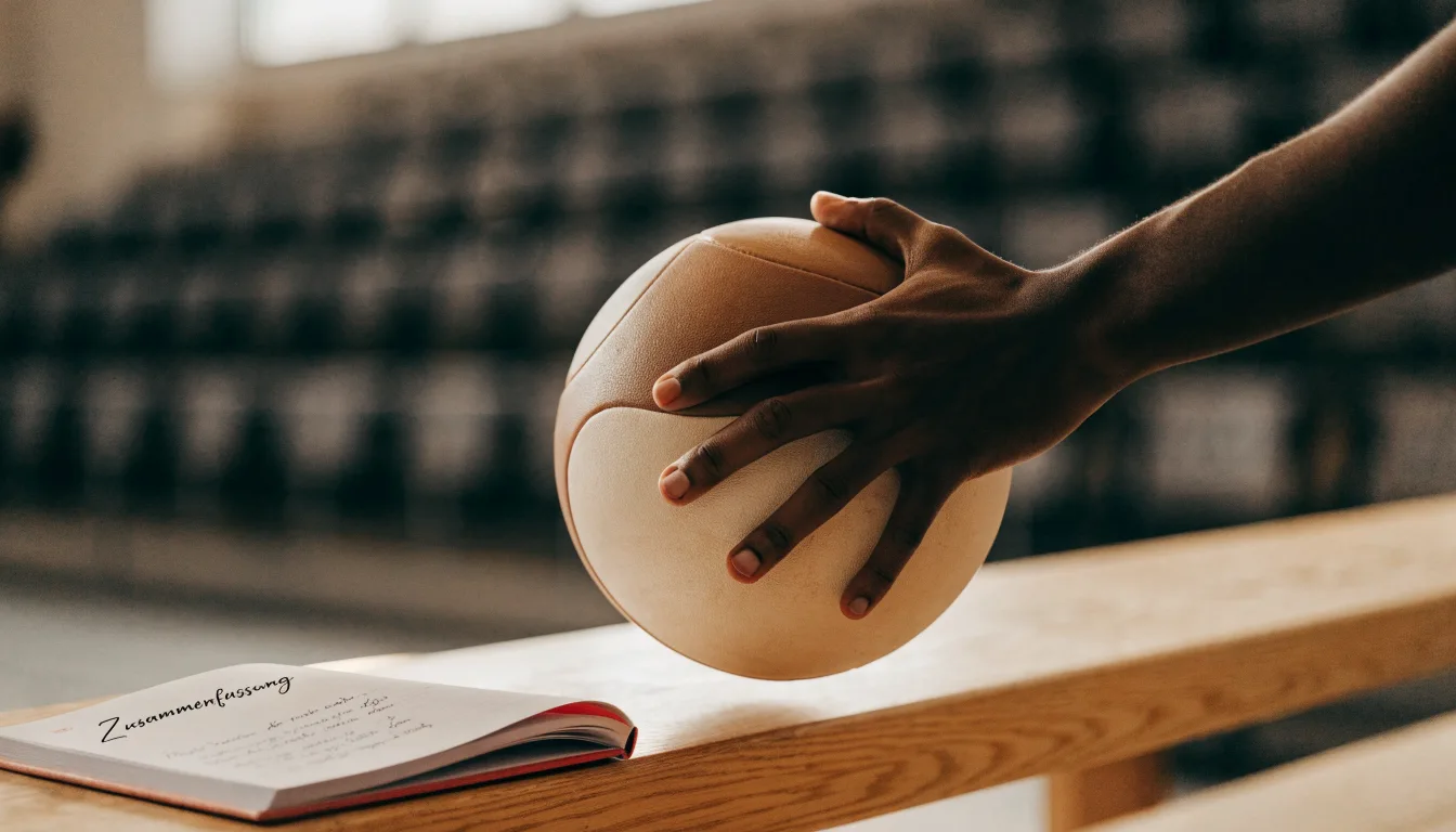 Eine Hand hält einen Handball, im Hintergrund eine unscharfe Tribüne, daneben liegt ein Notizblock auf einer Bank.