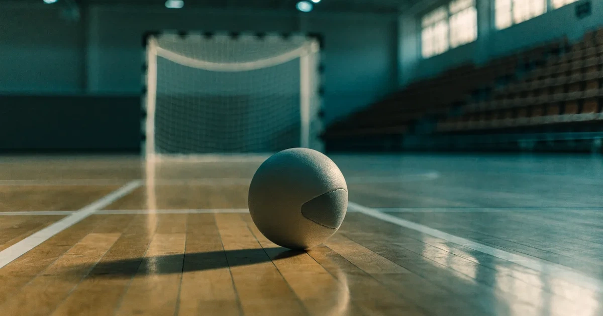 Ein Handball liegt auf dem Hallenboden vor einem Tor mit Netz, die leere Halle wird von Flutlicht beleuchtet.