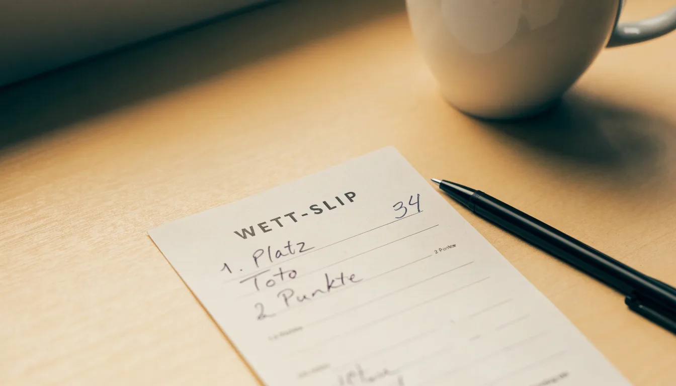 Ein leerer Wettschein aus Papier und ein Kugelschreiber liegen auf einem Schreibtisch neben einer Tasse Kaffee im Tageslicht.