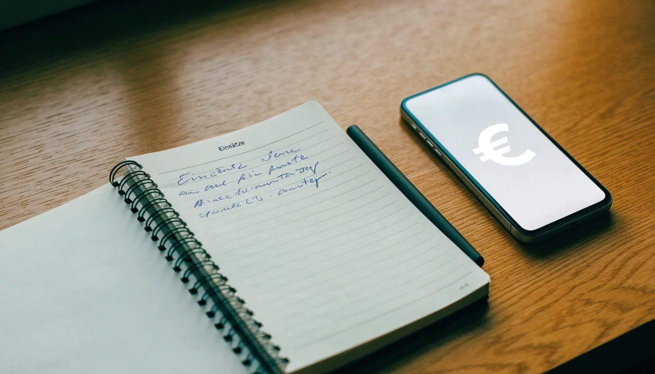 Ein Notizbuch mit handschriftlichen Notizen und ein Stift liegen auf einem Holztisch neben einem Smartphone mit dunklem Bildschirm.