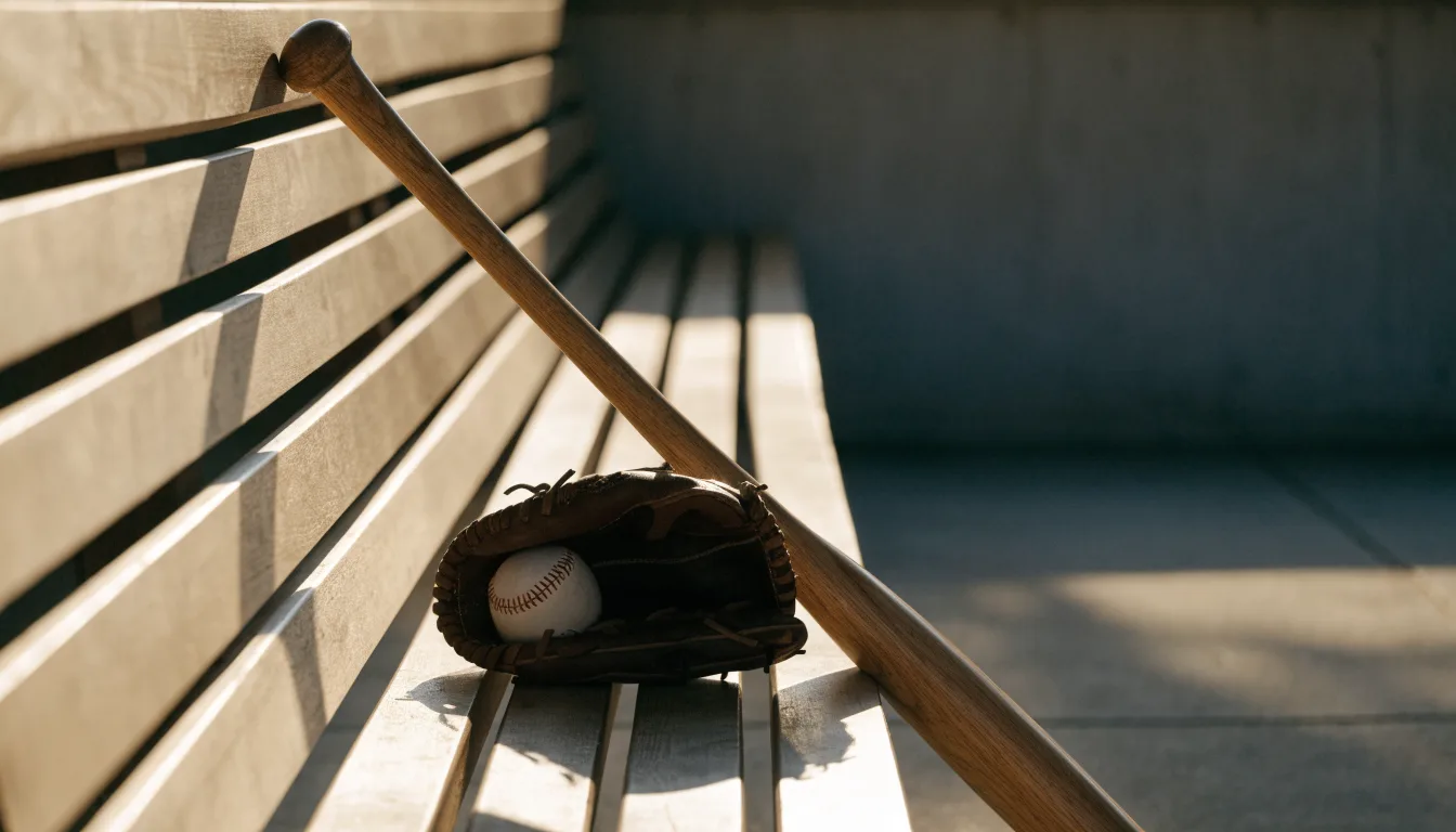 Ein Baseballschläger lehnt an einer Bank im Dugout, daneben liegen ein Handschuh und ein Ball im Licht der Nachmittagssonne.