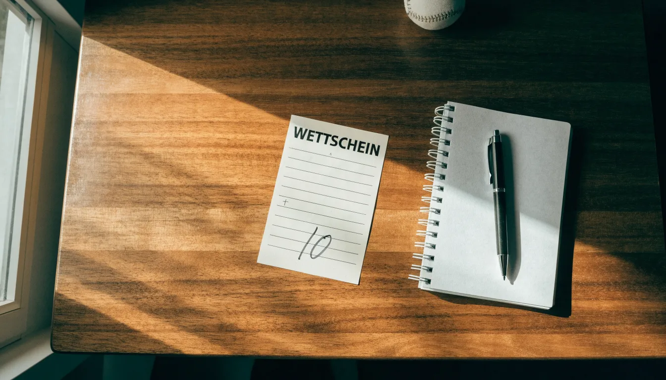 Ein leerer Wettschein aus Papier liegt neben einem Notizbuch und einem Stift auf einem aufgeräumten Schreibtisch.