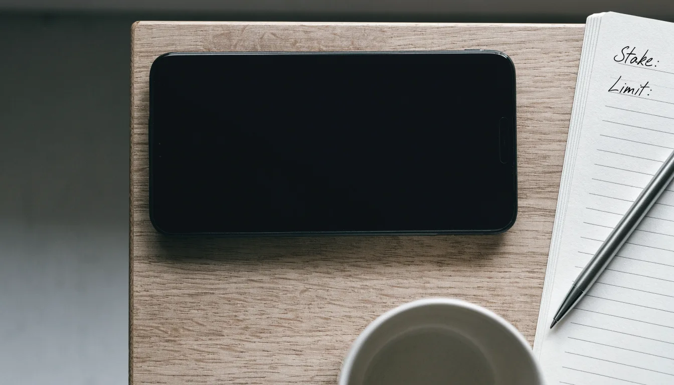 Ein Smartphone mit dunklem Display liegt neben einem Notizbuch und einem Kugelschreiber auf einem Tisch.