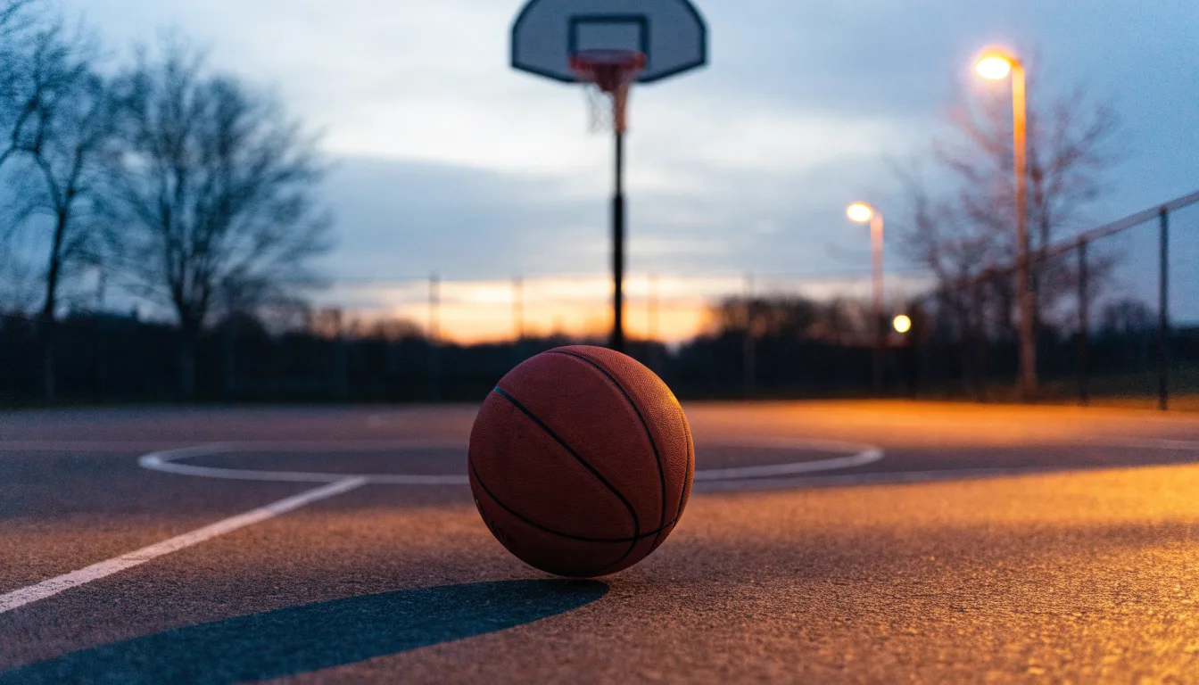 Ein Basketball rollt auf einem Freiluftplatz in der Abenddämmerung zu einem Korb, die Straßenlaternen leuchten bereits.