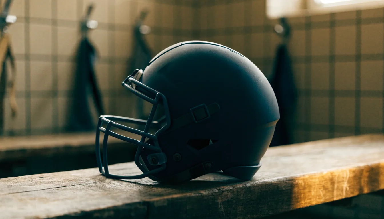 Ein neutraler Footballhelm ohne Aufdruck steht auf einer Holzbank in einer Umkleidekabine.