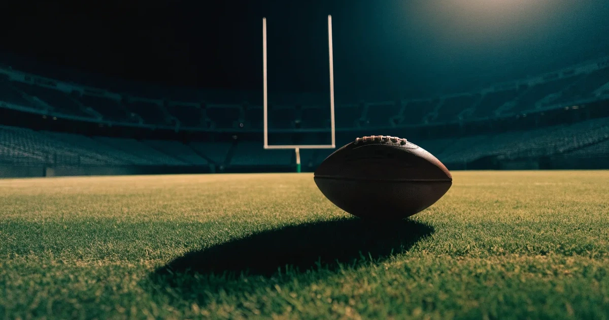 Ein American Football liegt auf dem Rasen eines leeren Stadions unter Flutlicht, die Torstangen ragen im Hintergrund auf.