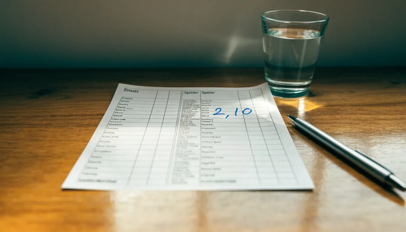 Ein leerer Wettschein aus Papier liegt neben einem Stift auf einem Tisch, daneben ein Glas Wasser.
