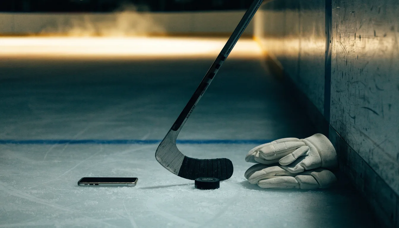 Ein Eishockeyschläger lehnt an einer Bande, daneben liegen ein Puck und ein Paar Handschuhe in einer Eishalle.