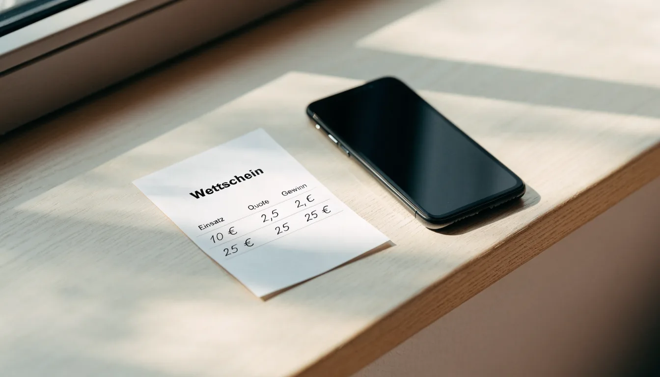 Ein leerer Wettschein aus Papier und ein Smartphone mit dunklem Display liegen auf einer Fensterbank im Tageslicht.