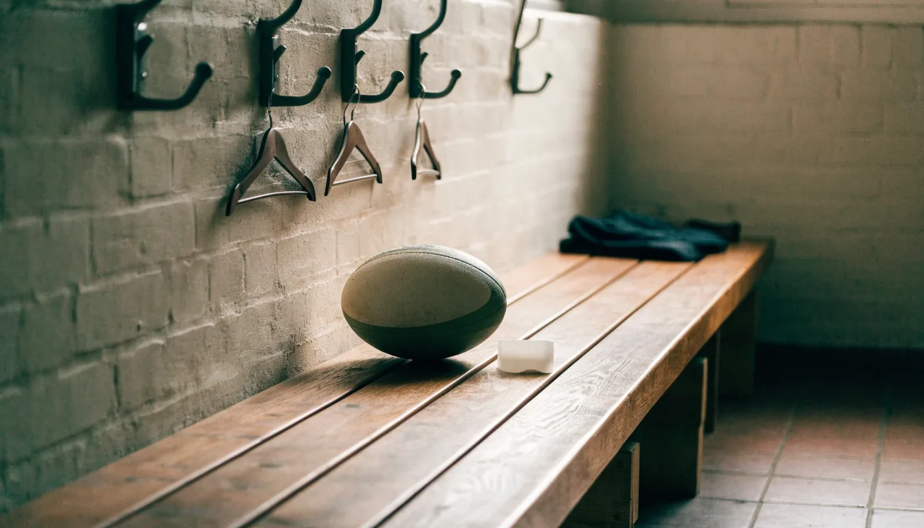 Ein Rugbyball und ein Mundschutz liegen auf einer Holzbank neben einer Reihe Kleiderhaken in einer Umkleide.
