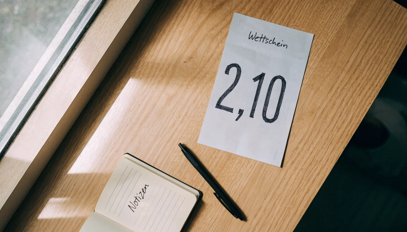 Ein leerer Wettschein aus Papier liegt neben einem Notizbuch und einem Stift auf einem Schreibtisch am Fenster.