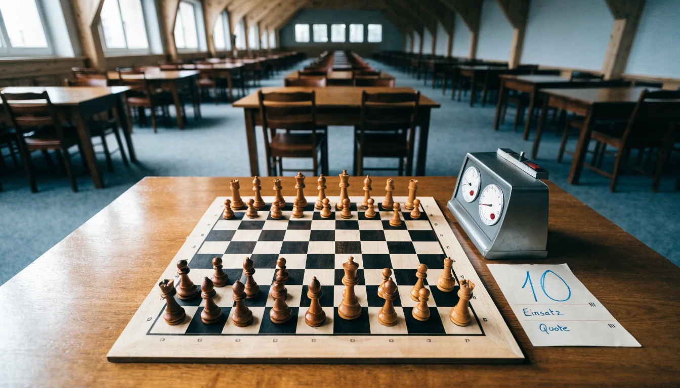 Ein Schachbrett und eine Schachuhr stehen auf einem Tisch in einem leeren Turniersaal, die Stühle sind ordentlich zurückgeschoben.