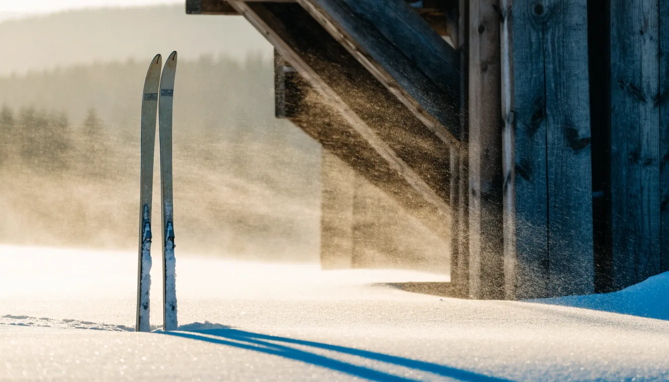 Ein Paar Skier steckt aufrecht im Schnee neben einem Anlaufturm, im Hintergrund wirbelt feiner Schnee im Wind.