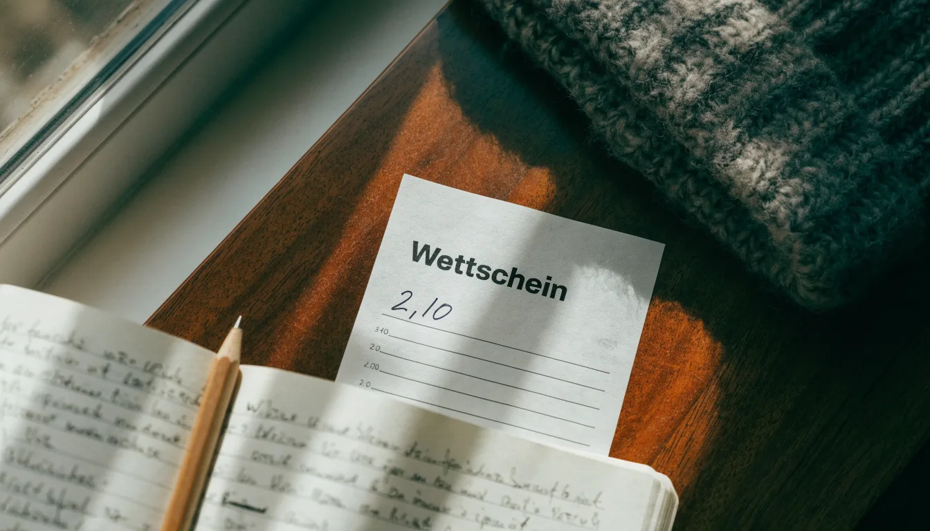 Ein leerer Wettschein aus Papier und ein Notizbuch liegen neben einer Wollmütze auf einem Holztisch.