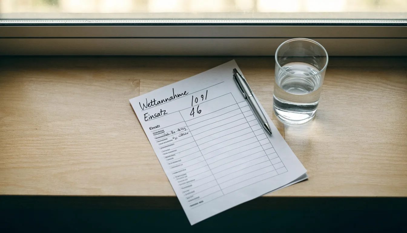 Ein leerer Wettschein aus Papier und ein Kugelschreiber liegen neben einem Glas Wasser auf einer Fensterbank.
