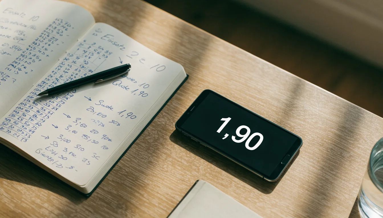 Ein aufgeschlagenes Notizbuch mit handschriftlichen Rechnungen liegt neben Stift und Smartphone auf einem Holztisch im Tageslicht.