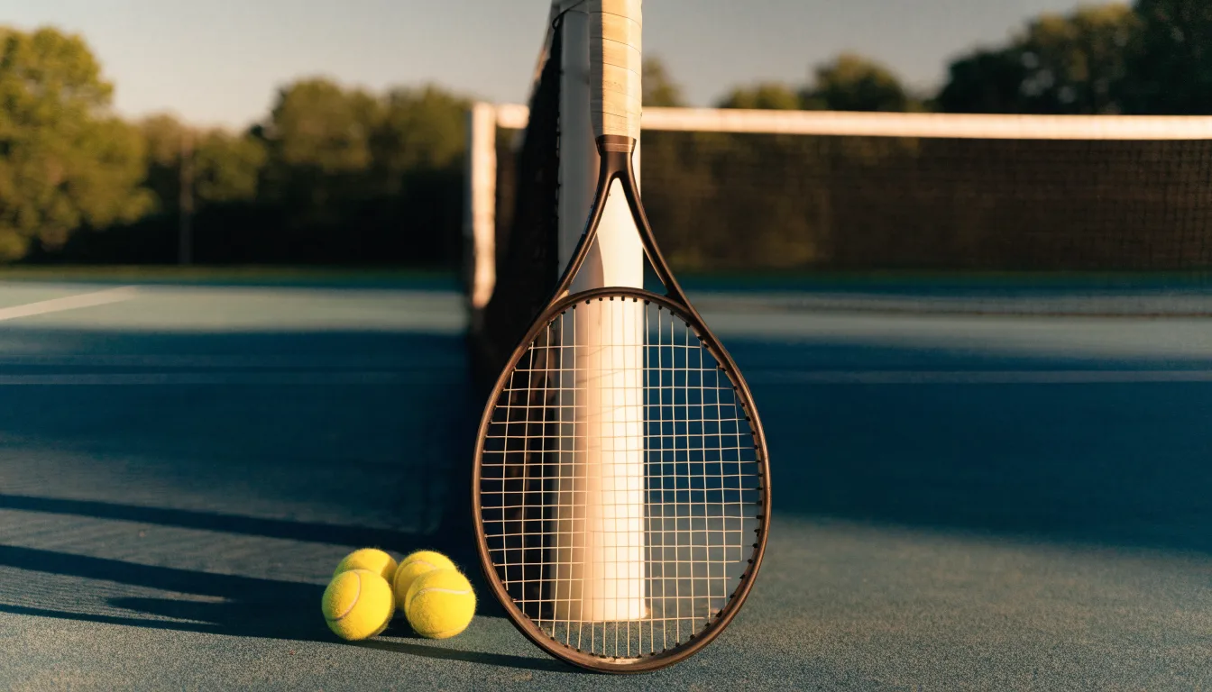 Ein Tennisschläger lehnt an einem Netzpfosten, daneben liegen drei Bälle auf einem Hartplatz in warmem Nachmittagslicht.