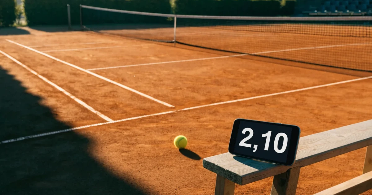 Ein Sandplatz am frühen Morgen mit frisch gezogenen Linien, einem Netz in der Mitte und einem gelben Ball auf der Grundlinie.