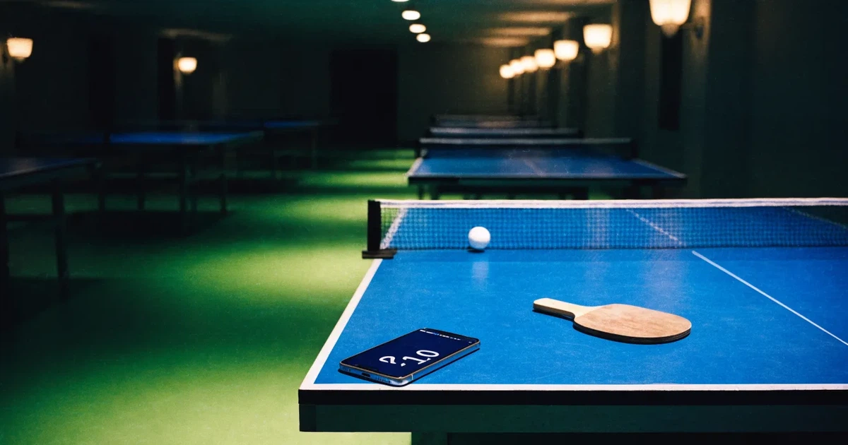 Eine Tischtennishalle aus erhöhter Perspektive mit mehreren blauen Tischen in Reihen unter gedämpftem Hallenlicht, ohne Personen.
