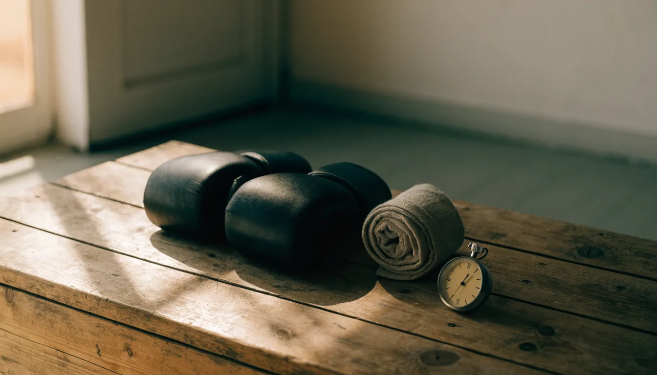 Ein Paar Kampfhandschuhe und eine Stoppuhr liegen auf einer Bank im Trainingsraum neben einer aufgerollten Handbandage.
