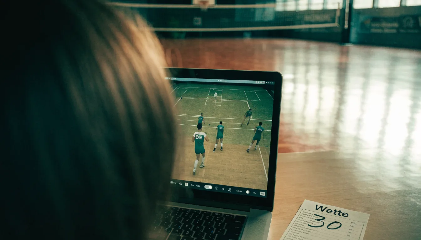Eine leere Sporthalle mit gespanntem Volleyballnetz und glänzendem Parkett, durch hohe Fenster fällt Tageslicht.